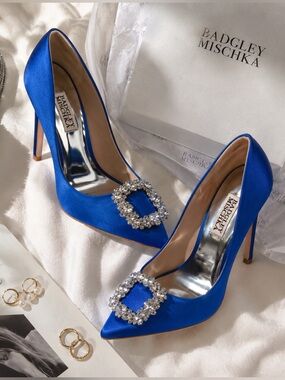 Badgley Mischka Cher Satin Crystal Buckle Pumps Blue 9.5